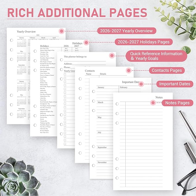 2026-2027 Weekly & Monthly Planner Refill, 3.8"x6.8", A6 Small Size Planner Inserts with Colorful Monthly Tabs, Size 3, July 2026 - June 2027, 6-Hole Punched
