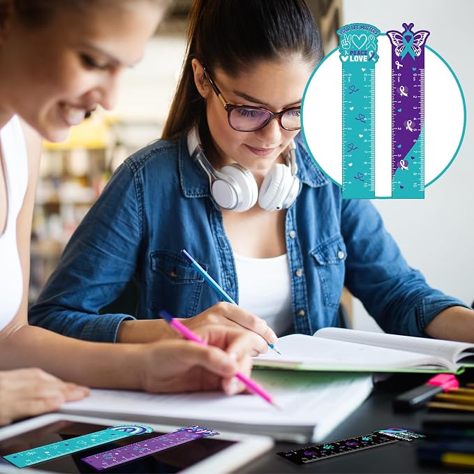 Kosiz 120 Pcs Suicide Prevention Awareness Bookmarks Ruler Bulk Gifts Teal Purple Ribbon Bookmarks Ruler Hope Butterfly Heart Inspirational Gifts for Women Men Suicide Prevention Supplies
