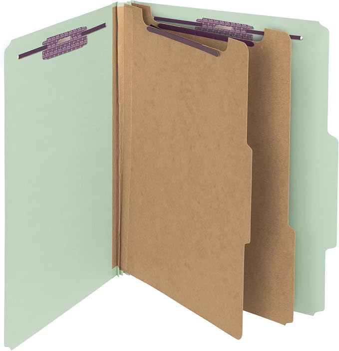 Smead Pressboard Classification Folder with SafeSHIELD Fasteners, 2 Dividers, 2" Expansion, Letter Size, Gray/Green, Pack of 20 (14074)