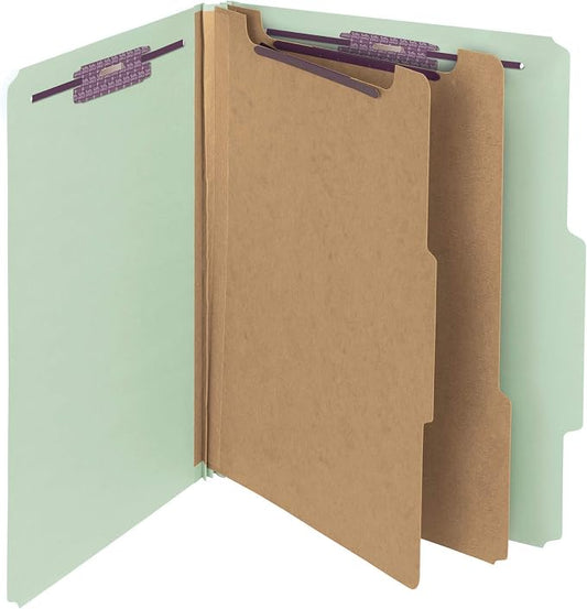 Smead Pressboard Classification Folder with SafeSHIELD Fasteners, 2 Dividers, 2" Expansion, Letter Size, Gray/Green, Pack of 20 (14074)