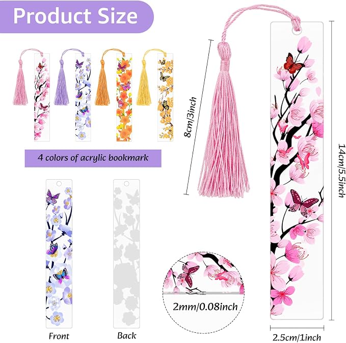 4pcs Pressed Flower Bookmarks, Transparent Acrylic Bookmark with Tassels, Butterfly Flower Theme Book Marks for Reading Women, Cute Book Marking Accessories Gift for Books Lovers(4 Colors)