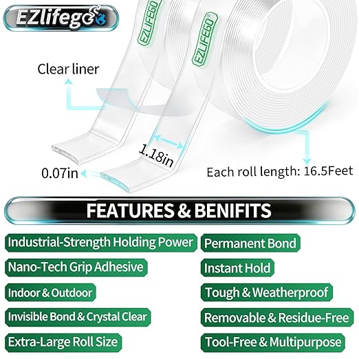 EZlifego Double Sided Tape Heavy Duty(Extra Large, Pack of 2, Total 396 Inch), Nano Double Sided Adhesive Tape, Clear Mounting Tape Picture Hanging Strips, Removable Wall Tape Sticky Poster Tape Decor