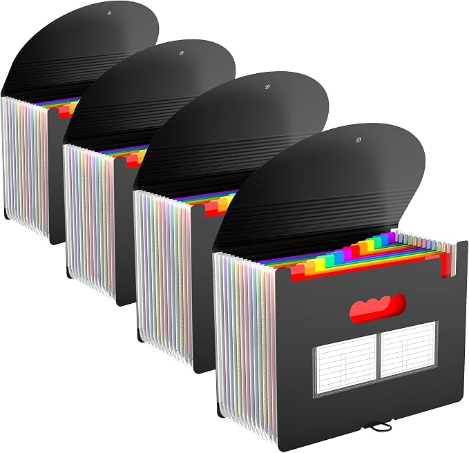 4 Pack Expanding File Folder with Blank Label, 12 Pocket Accordian File Organizer Document Storage Organizer, Desktop Accordion Folders File Keeper A4 Letter Size for Home School Office