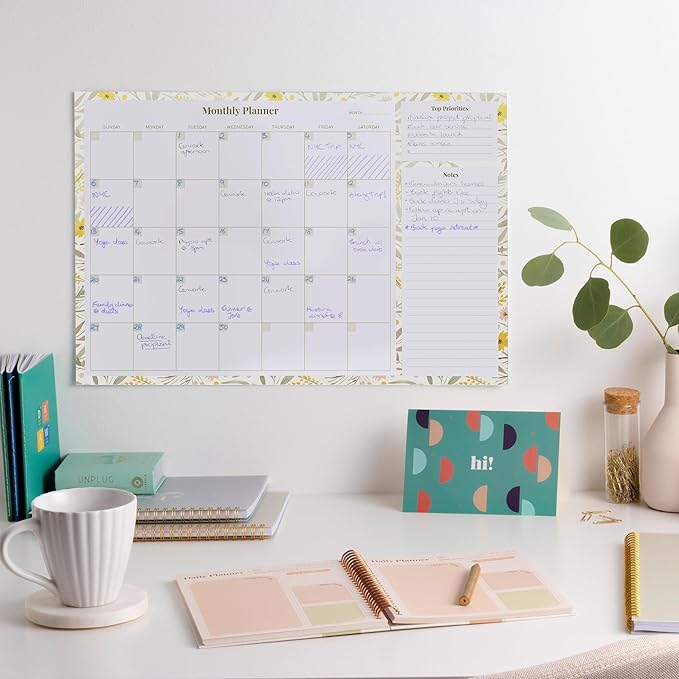 Rileys Monthly Planner Desk Pad, Undated Planner Calendar with 52 Tearaway Sheets, Wide To Do Planner Notepad with Top Priorities and Notes Sections, Printed Border, 16.5 x 11.4" (Floral Yellow)