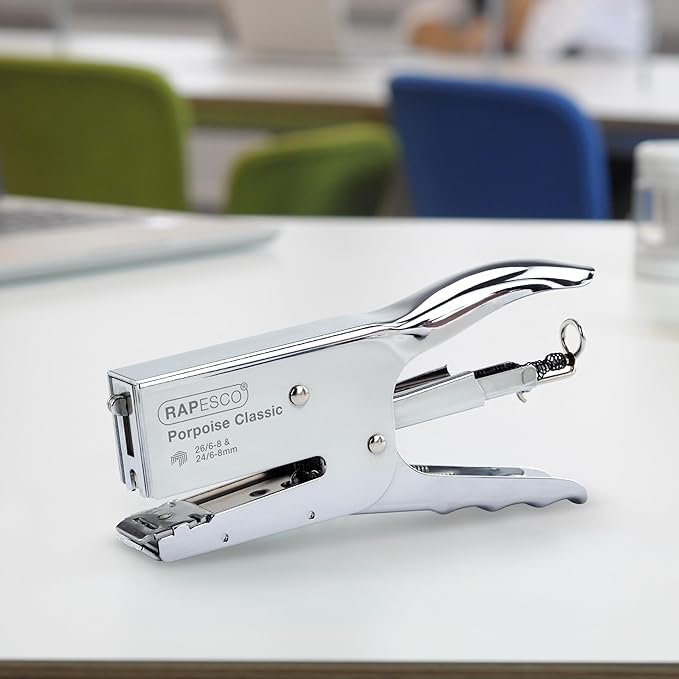 Rapesco 1298A Porpoise Classic Stapling Plier with 10.000 Staples, Type 26 Standard 5/16", 45 Sheet Capacity, Uses Type 26 Standard and Type 24 High-Capacity Staples, All Metal, Chrome