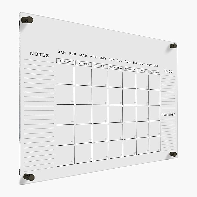 Acrylic Dry Erase Monthly Wall Calendar with 3 Side Headers - Reusable Family Planner, Schedule Organizer Board, Housewarming Gift (Black Standoff, 35"x23")