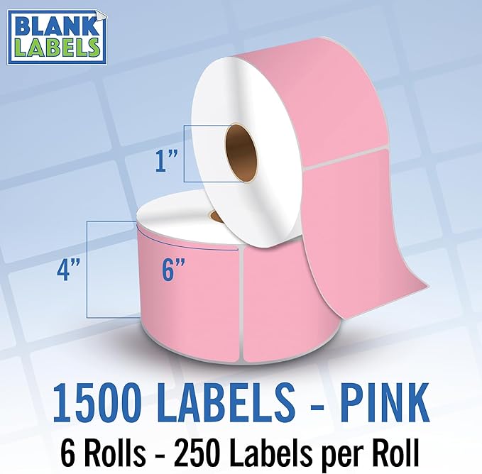 4" X 6" Direct Thermal Shipping Labels | Pink | 1" Cores w/Perfs Easy Tear | Made in USA | Printing Label | 1500 Labels | 250 Labels per Roll | 6 Rolls | Blank Labels