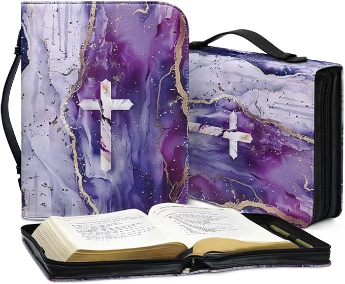 Leather Bible Covers for Women，Bible Case Carrying Tote Bag,Personalized Bible Bag with Bookmark, Scripture Study Protector,Purple Marble and Cross,Small