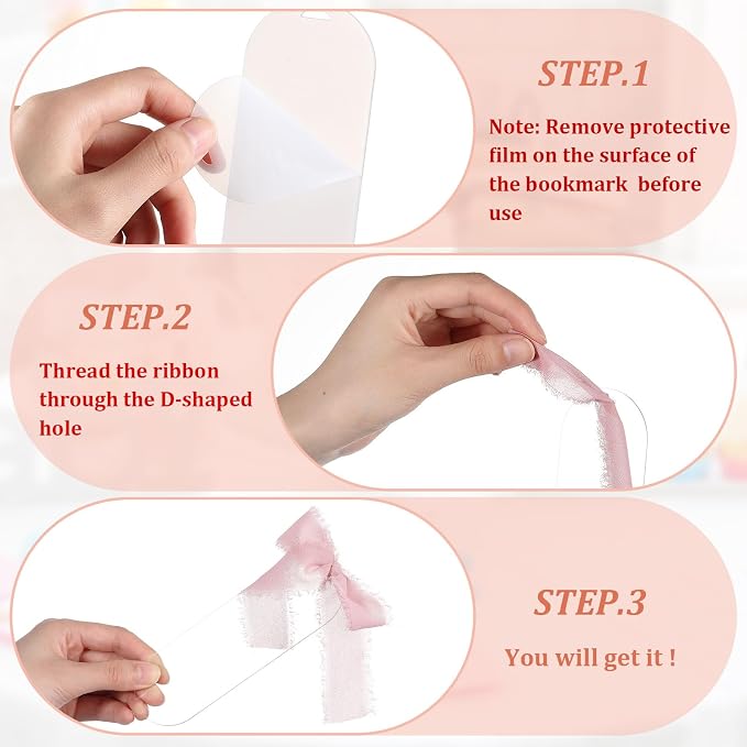 Yeaqee 100 Pcs Acrylic Bookmark Blanks Clear Bookmarks Acrylic Tags with 2 Rolls Ribbon DIY Craft Transparent Bookmark for Reading Lovers for School Presents(6 x 2 Inch,Dusty Pink)
