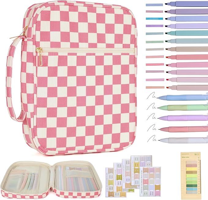 Bible Cover Case for Women Corduroy Bible Case for Girls Checkered Large Bible Cover with Handle Bible Study Supplies Accessories Christian Gifts for Women (Pink, Medium)