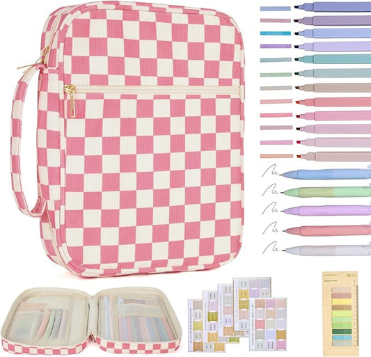 Bible Cover Case for Women Corduroy Bible Case for Girls Checkered Large Bible Cover with Handle Bible Study Supplies Accessories Christian Gifts for Women (Pink, Medium)