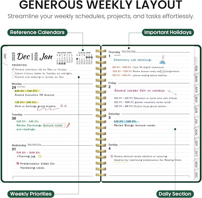2026 Planner, Weekly and Monthly Calender Planner, Jan 2026 to Dec 2026, Hardcover 2026 Calendar Book with Tabs & Inner Pocket, Office Home School Supplies for Women & Men - A4 (8.5" x 11"), Dark Green