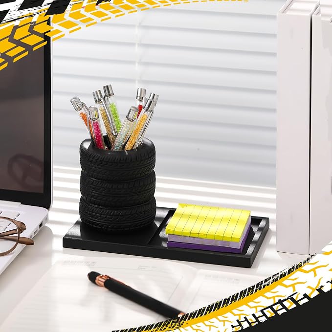 Fullhawl Tire Shaped Pen Holder with Sticky Notes Holder Set Tool Planter Pencil Storage Holder Desk Organizer Home Office Supplies Gift for Mechanics Car Lovers (Black)