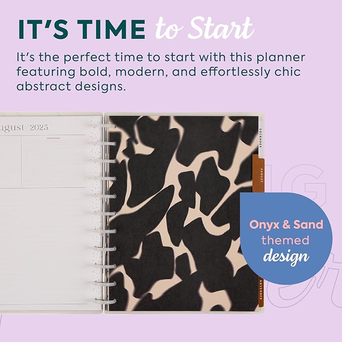 Happy Planner Disc-Bound Academic Planner July 2025 - June 2026 Daily, Weekly and Monthly - 3 Bonus Months, Big Size, 8.5” x 11”, Horizontal Layout, Onyx & Sand