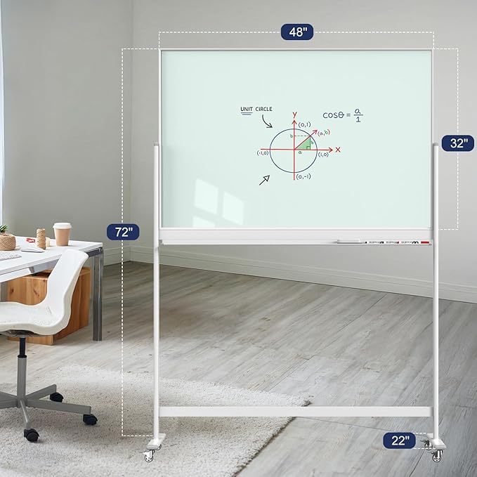 Tankee Rolling Whiteboard, 48x32 Inches Magnetic Glass Dry Erase Board with Stand, Standing White Board on Wheels, Large Glass Mobile Whiteboard for Office School Classroom Home Homeschooling