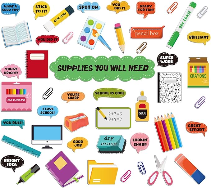 MotiMind 48 Pcs Supplies You Will Need Mini Bulletin Board Set with Encouragement Cutouts Supplies You Will Need Visual Representations Paper Clip Cutouts for Classroom Bulletin Board Wall Chalkboard