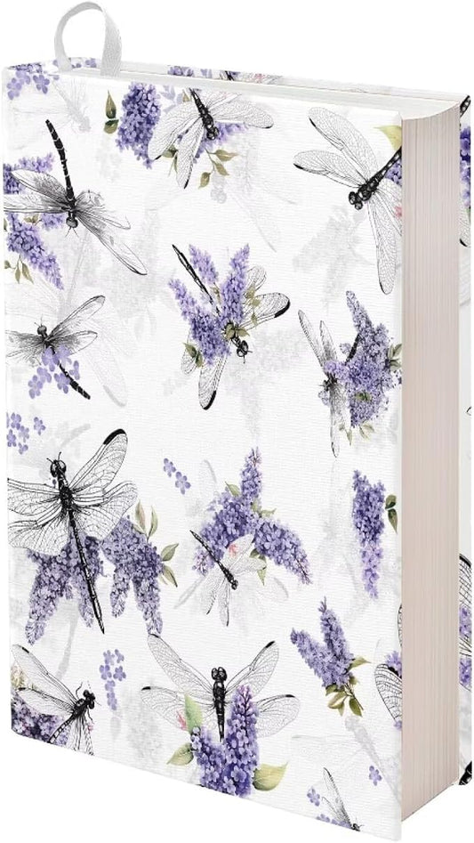 Dreaweet Stretchable Book Covers Dragonfly and Lavender Print Book Protective Sleeves for Hardcover Textbooks Notebooks up to 9"x11",Reusable Washable