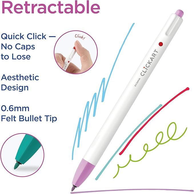 Zebra Pen CLiCKART Retractable Felt Tip Pen, Assorted Ink Colors, 0.6mm Fine Point, Moisture Absorbing to Prevent Drying Out, No Bleed, Ideal for Journaling, Drawing and Writing, 24-Pack (69824)