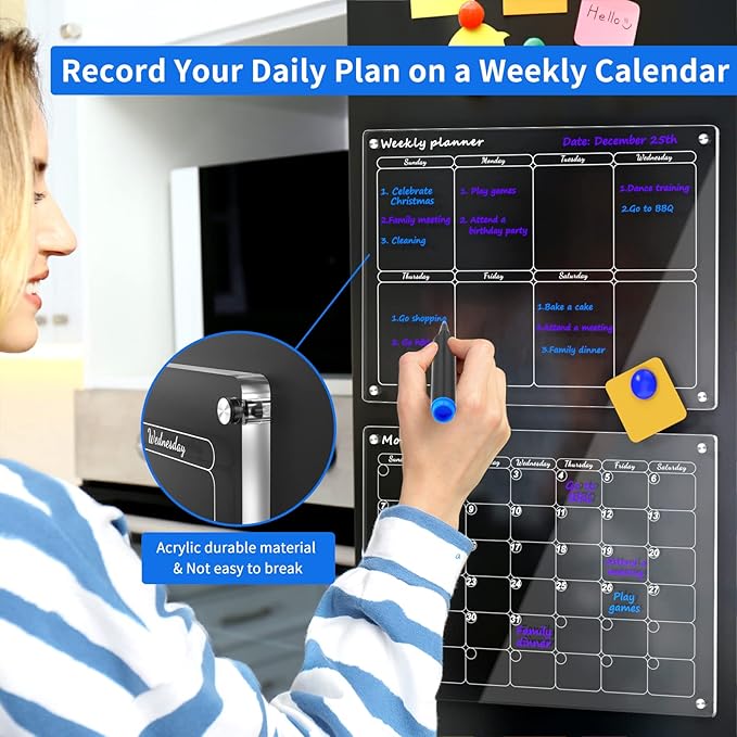 AITEE Acrylic Magnetic Monthly and Weekly Calendar for Fridge, Clear Set of 2 Dry Erase Board Calendar for Fridge Reusable Planner, Includes 6 Dry Erase Markers With 3 Colors(16"x12"Inches)