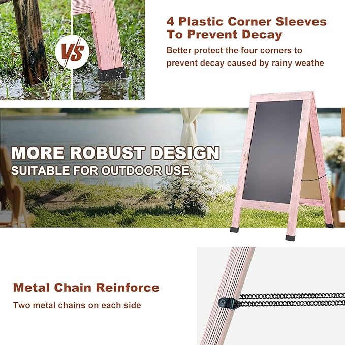 Wood Magnetic A-Frame Chalkboard Signs, 40" x 20" Large Sandwich Board Signs Outdoor, Double-Sided Sidewalk Blackboard for Business, Wedding, Vendor Display, Coffee Shope - Pink