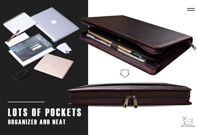 Genuine Leather Business Portfolio Padfolio Folder with Zipper for Men, Men's Leather Padfolio Folder for 13" Laptop, Business Portfolio for Letter Size Notepad, Graduation Gift，Dark Brown