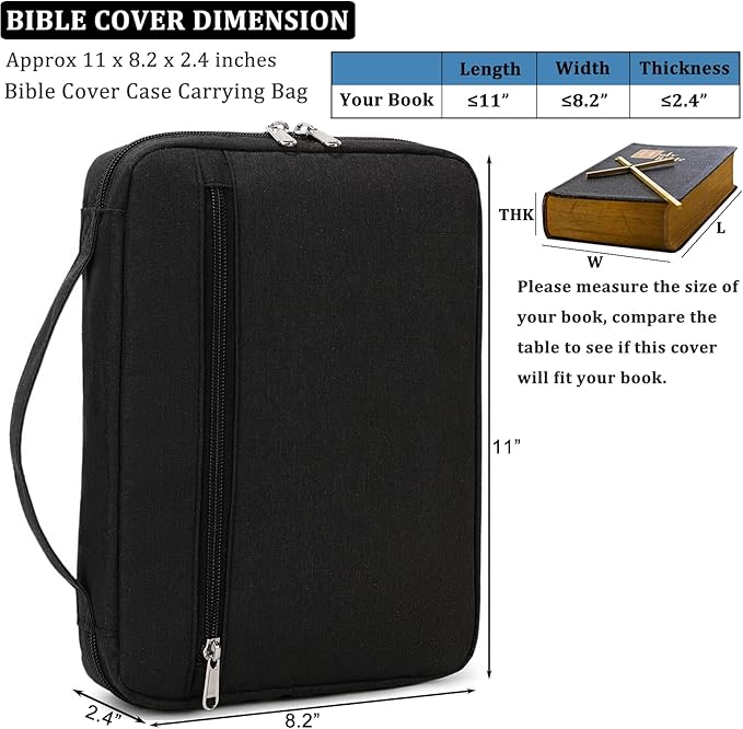 Bible Cover for Men, Large Bible Bags for Women and Men, Black Bible Book Carrying Case with Zippered Pocket & Handle