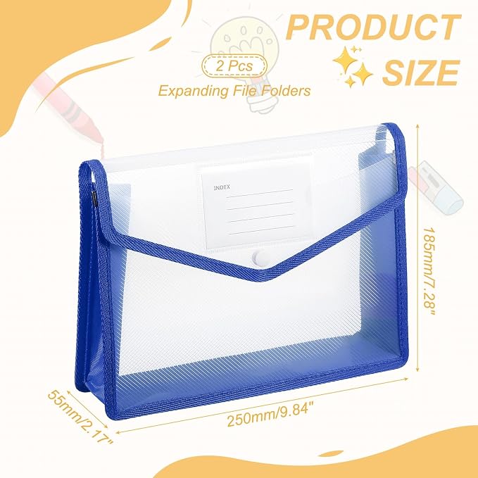 PATIKIL Plastic Expanding File Folders, 2 Pack B5 File Folder Envelopes Letter Size Document Organizer Supplies with Snap Closure for Classroom Office, Blue, Horizontal