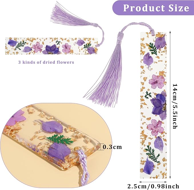 Dimeho Dried Flower Book Marks Tassels Clear Floral Bookmarks Durable Handmade Cute Resin Page Marker Pretty Book Marking Holder Gift for Women Bookworm Book Lovers Increasing Reading Interest(purple)