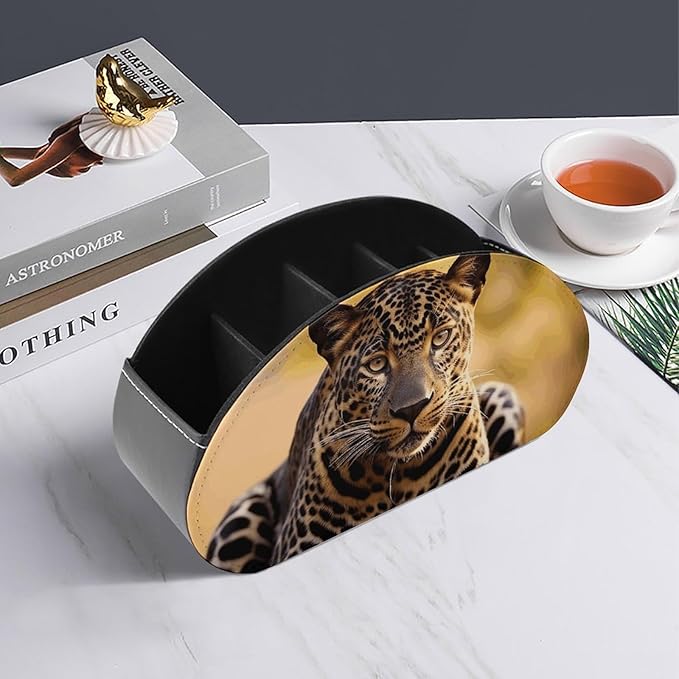 Leather Remote Control Holder with 5 Compartments TV Remote Caddy Storage Box Tray Africa Nature Leopard Desktop Organizer Makeup Brush Holder Store Glasses Brush Pen Office Supplies
