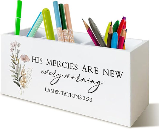 Christian Pen Pencil Holder for School Home Office Desk, Christian Desk Decor, Floral Bible Verse lamentations 3:23 Makeup Brush Toothbrush Holder Organizer for Bathroom Countertop Vanity