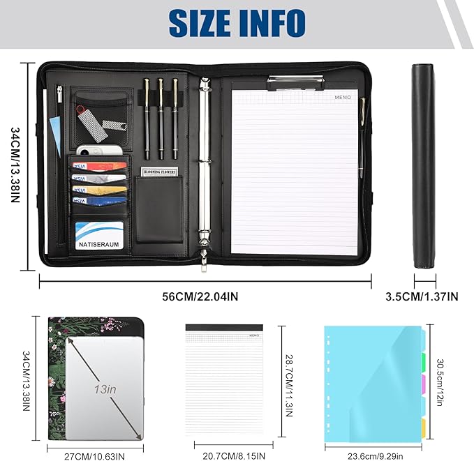 Portfolio Binder 3 Ring Includes Pen and 5 Dividers with 10 Pockets, Padfolio Organizer with Zipper for Men and Women, Includes A4 Notepad for Business, School, Work