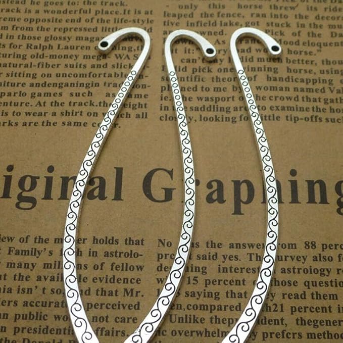 20 Pcs Metal Bookmark Hairpin Hook Antique Vintage Silver Carved Hook with Loop Metal Book Markers Embossed Bookmarks, Jewelry Making Charms