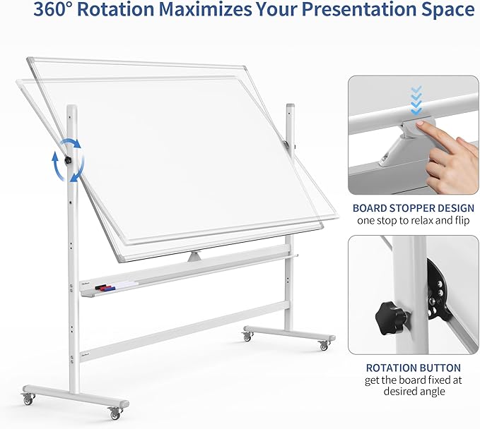 Large Double Sided Whiteboard 72x40 inches on Wheels, Height Adjustable Mobile Magnetic Dry Erase Board with Rolling Stand for Office Meetings, Classroom Teaching, Home, Silver Frame