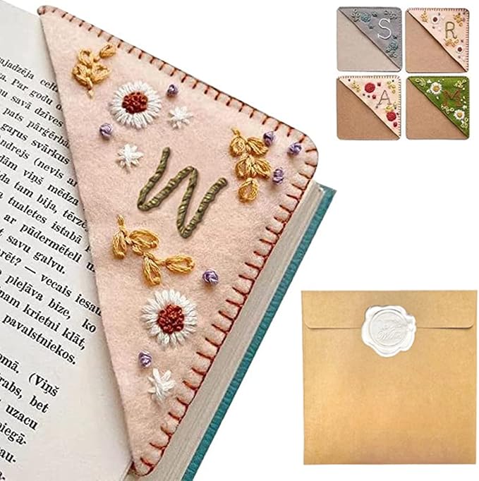 Personalized Hand Embroidered Corner Bookmark, 26 Letters Hand Stitched Felt Corner Letter Bookmark, Cute Flower Embroidery Bookmarks for Book Reading Lovers Meaningful Gift（Spring，W