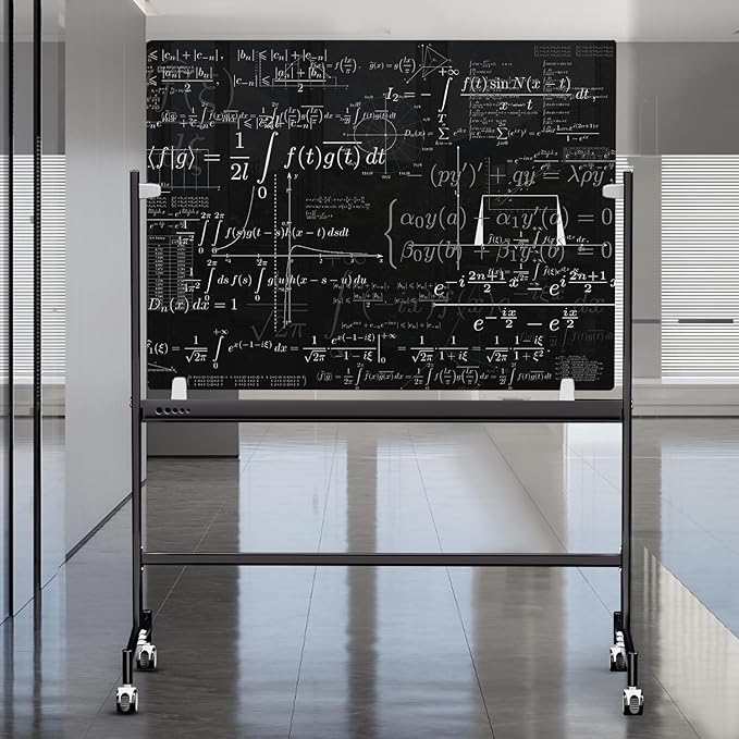 Mobile Black Magnetic Glass Board on Wheels 60x40 - Rolling Black Glass Whiteboard Height Adjust Portable Easel, Movable Tempered Glass Dry Erase Board, ZHIDIAN Large Blackboard with Stand