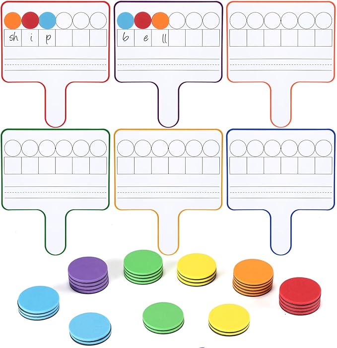 Seajan 6 Pcs Magnetic Paddle Set Education Dry Erase Double Side Handheld Answer Board with Counters Discs Phonemic Awareness Phonics Games Toy for Students Kids(Multi Color)