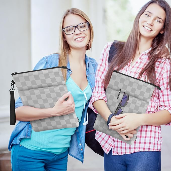 Book Sleeves with Zipper, Travel Book Protector Pouch for Paperbacks & Hardcover Books, Book Covers Bags Carry Case/Front Pocket & Handle Strap for Book Lovers Mother's Day (Grey with Block, 1 Pc)