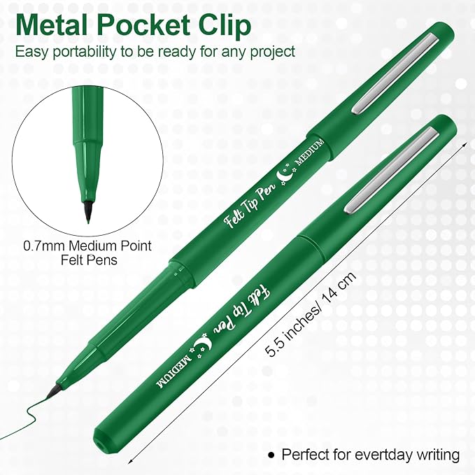 Fuyoooo 36 Pcs Green Felt Tip Pens 0.7mm Medium Point Felt Tip Marker Pens Bulk, No Smear, Quick Dry for Journaling Planner Writing Note-taking Art Office and School Supplies