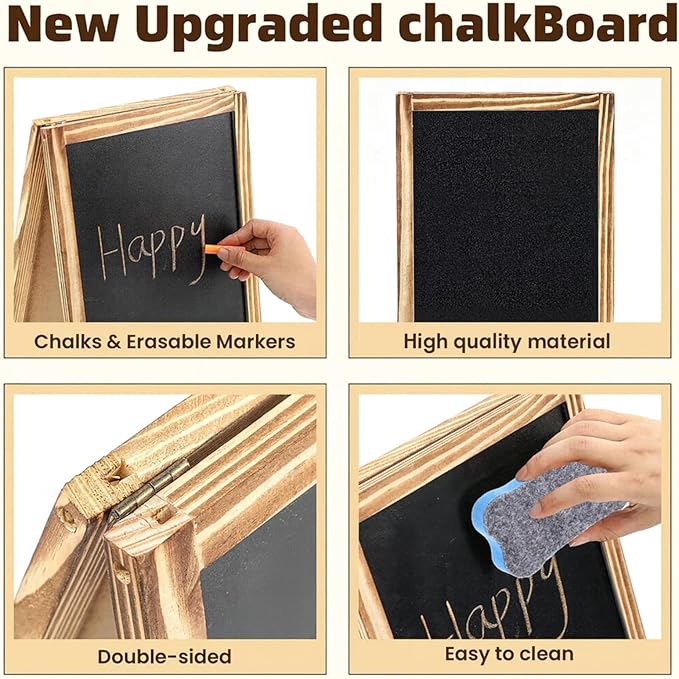 Henoyso 2 Pcs Double-Sided Tabletop Chalkboard Sign, 16"x10" Easel Rustic Wood Frame Small Chalkboard with 2 Erasers for Menu Cafes, Restaurants, Weddings Home Decor(Brown)