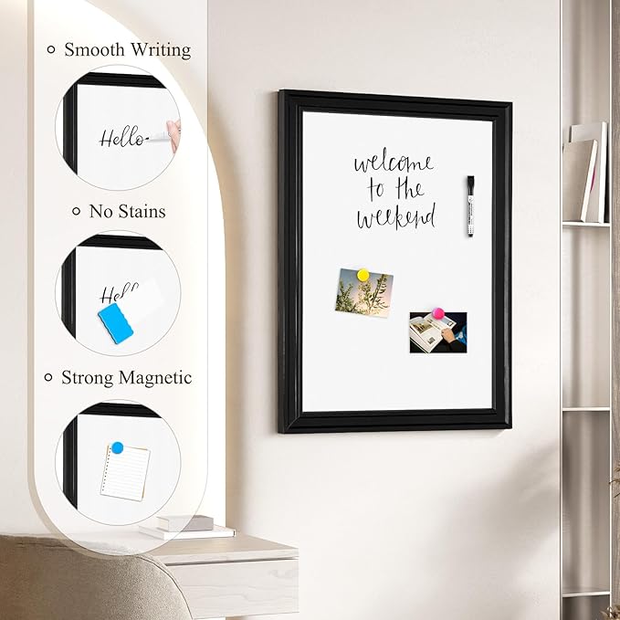 4 THOUGHT Magnetic Whiteboard 36" x 24" Dry Erase Board Wood Frame Wall-Mounted Decorative White Board Monthly Planner Notice Board for Office School Home with 8 Magnets 4 Markers 1 Eraser, Black