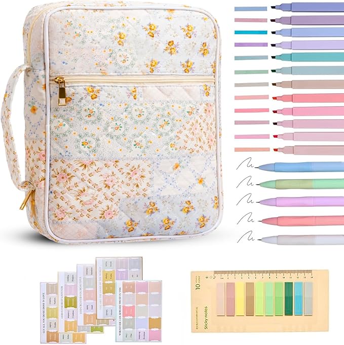 Bible Bag for Women, Bible Cover Case with Study Supplies,Large Quilted Bible Bag with Handle and Zipper, Suitable for Christian Books-Christian Gift for Girls(Patchwork Flowers)