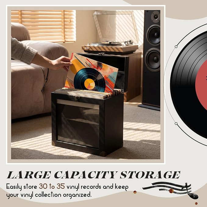 Amyhill Vinyl Record Storage Box with Display Window, Holds 30-35 Single Records 7/10/12 Inch Albums, PU Leather Record Case with Lid & Handle, Water-resistant Lp Storage for Records(Black,PU)