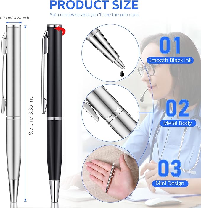 Chinco 16 Pcs Mini Pen 3 Inch Tiny Short Pen for Pockets Notebook Metal Small Ballpoint Bulk for Boss Notepads Notebooks Business Trip Office School Supplies(Silver, Black)
