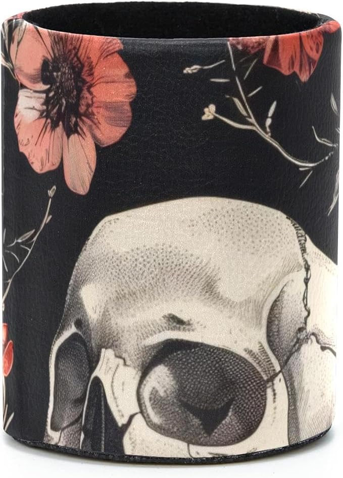Round Pencil Holder for Desk, Skulls wiht Flowers Retro Aesthetic Pattern Large Pencil Pen Cup, Desk Accessories & Workspace Desk Organizer for Home, School, Office
