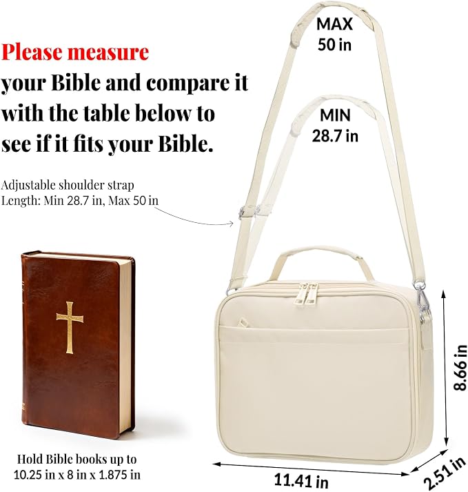 SUNEE Bible Cover for Women, Large Bible Bag w/Shoulder Strap Carrying Book Case w/Pen Slots and Zippered Pocket, Gift for Women & Men, Beige
