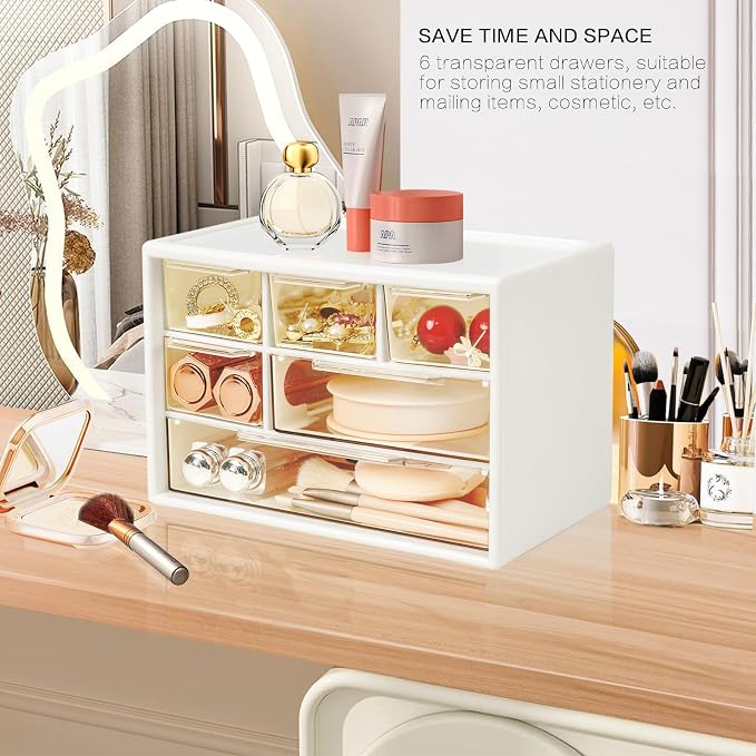 Mini Desk Storage Organizer with 6 Drawers, FODIENS Stackable Desktop Craft Drawer Cabinet, Clear Storage Box Caddy for Makeup Jewelry Office Craft Supplies (White)
