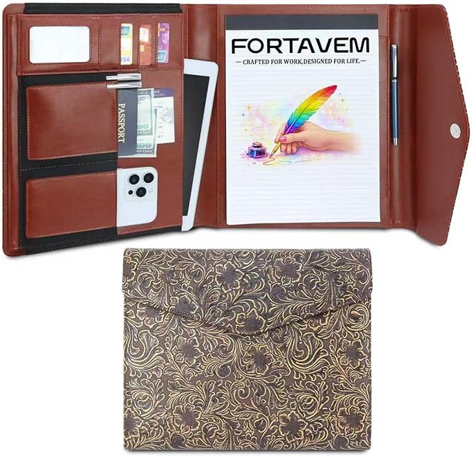 Padfolio Portfolio Organizer Binder, Professional Embossed Faux Leather Interview Resume Folder with Magnetic Closure, Trifold A4 Letter Writing Pad Holder