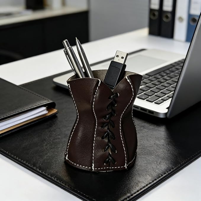Faux Leather Lace-Up Corset Pencil Holder – Gothic Y2K Desk Pen Cup Makeup Brush Organizer Mini Storage for Home Office, Deep Brown