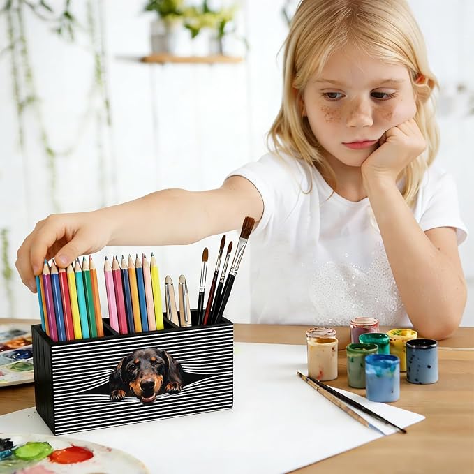 Funny Dachshund Pen Pencil Holder for Desk, Dachshund Gifts for Women Men, Weiner Dog Gifts, Dog Office Decor Wooden Box Sign Decorations for Home Office Bedroom Desk Tabletop