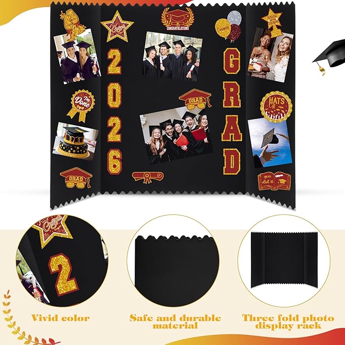 AmazingSpark 4 Sets Graduation Photo Display Board Trifold Poster Board with 12 Graduation Themed Stickers for 2026 Grad Party Decoration Picture Collage Frame Supplies (24 x 16,Red Gold)
